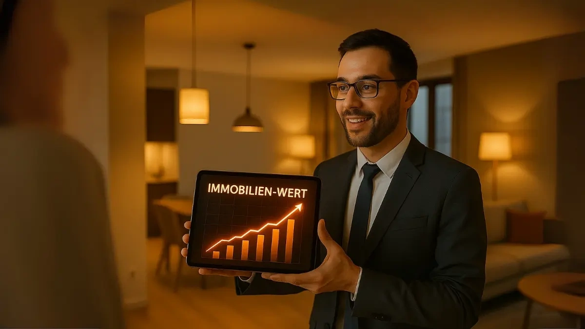 Geschäftsmann hält ein Schild mit dem Wort „Immobilienwert